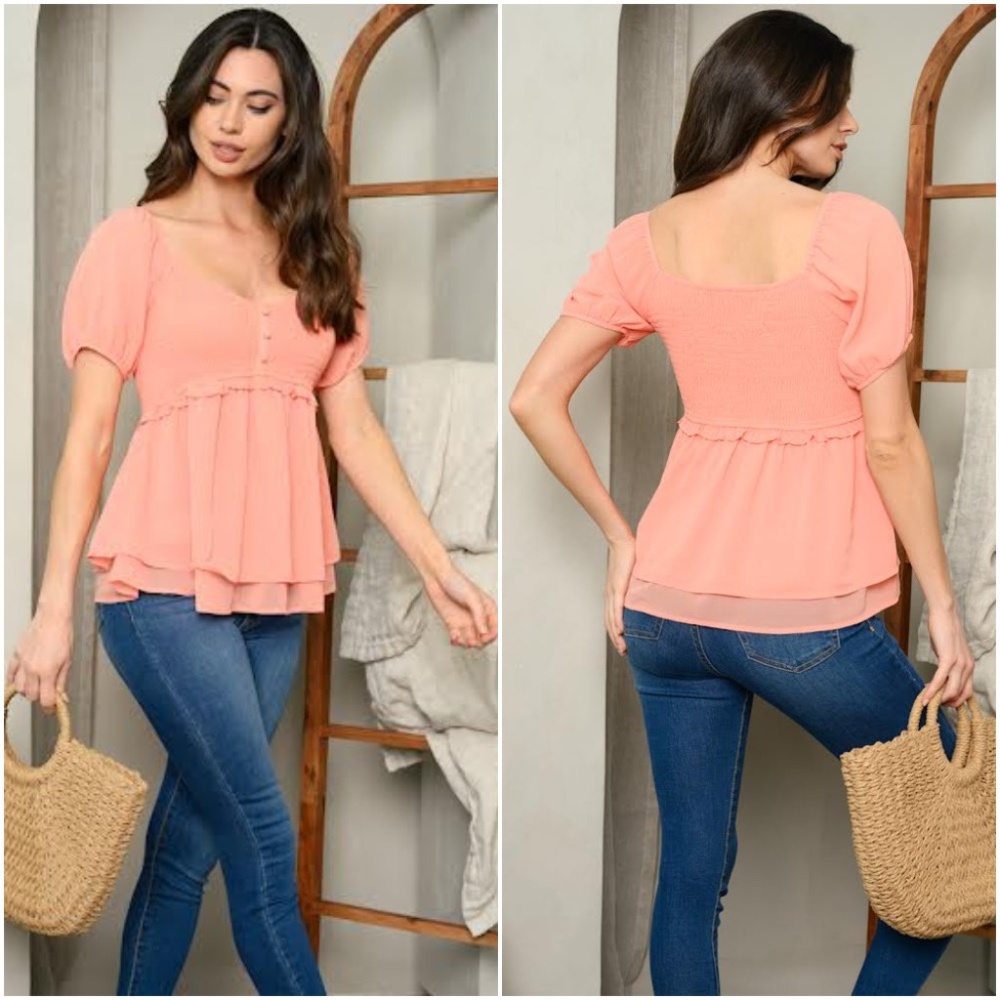 CORAL SHORT SLEEVE SMOCK RUFFLE TOP - Picture 1 of 5